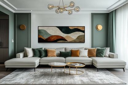 Green Brown Waves Modern Living Room Horizontal Canvas Wall Art