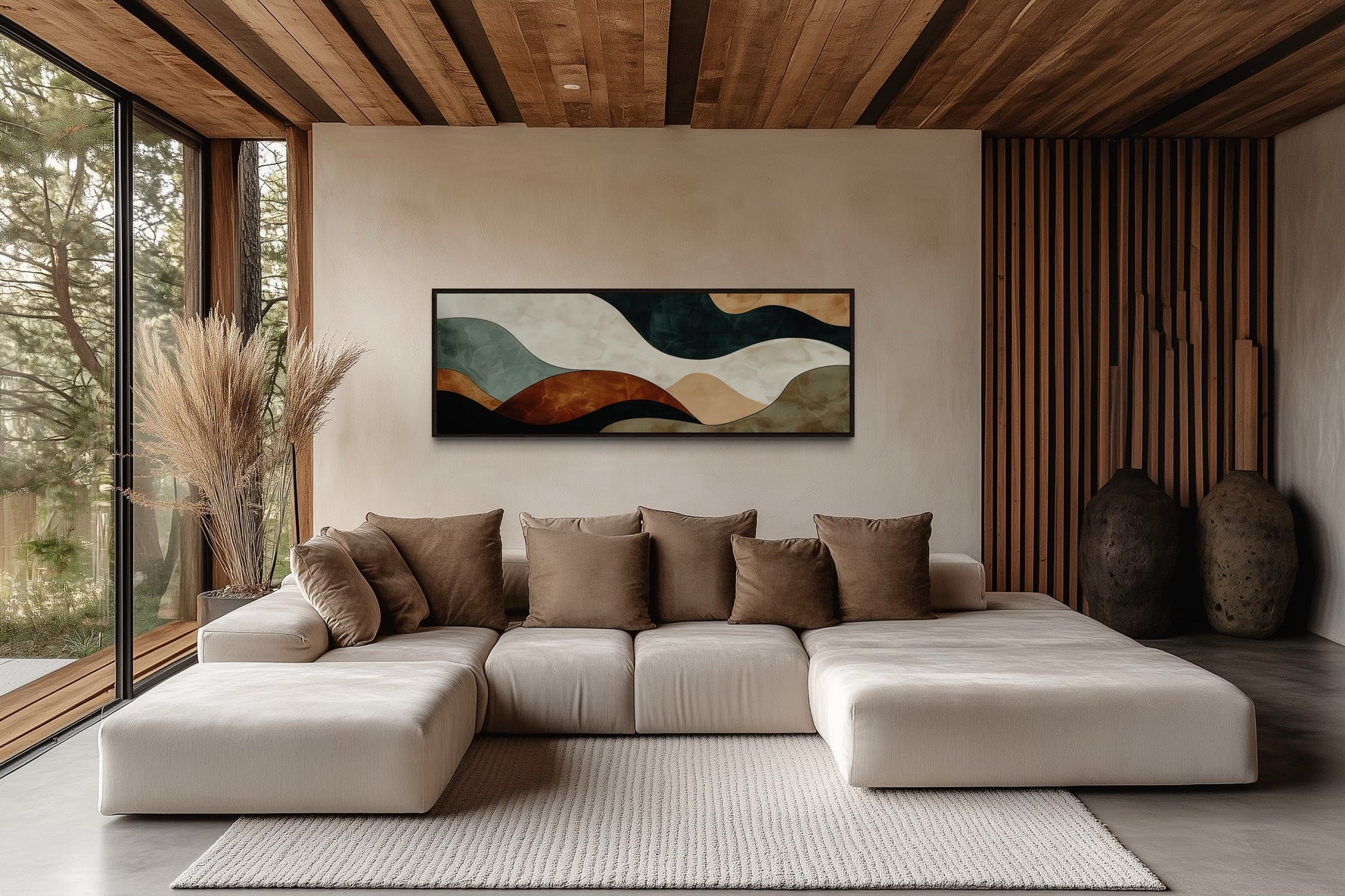 Green Brown Waves Modern Living Room Horizontal Canvas Wall Art