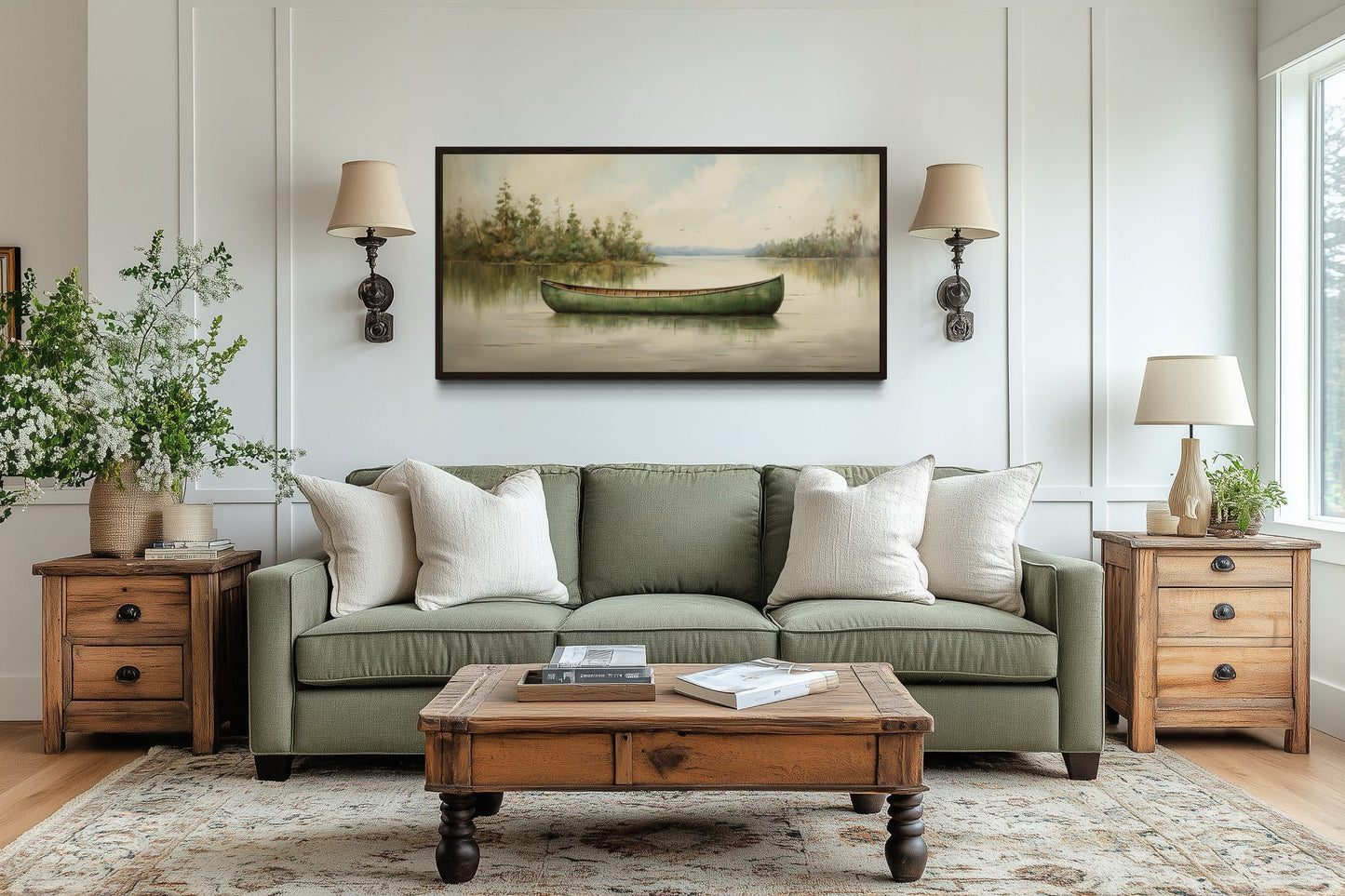 Green Canoe Wall Art – Rustic Cabin Decor | Framed Wood Canvas Painting