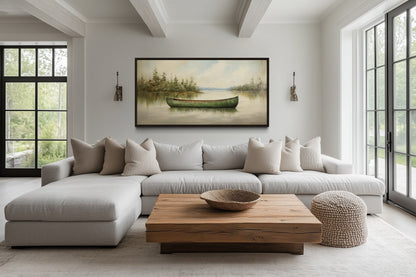 Green Canoe Wall Art – Rustic Cabin Decor | Framed Wood Canvas Painting