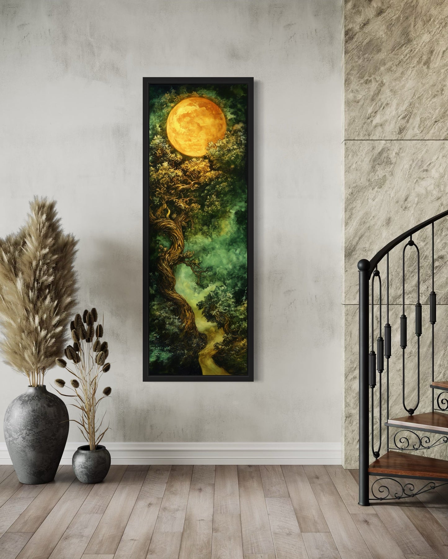 Green Celtic Tree Of Life And Moon Tall Narrow Vertical Framed Canvas Wall Art