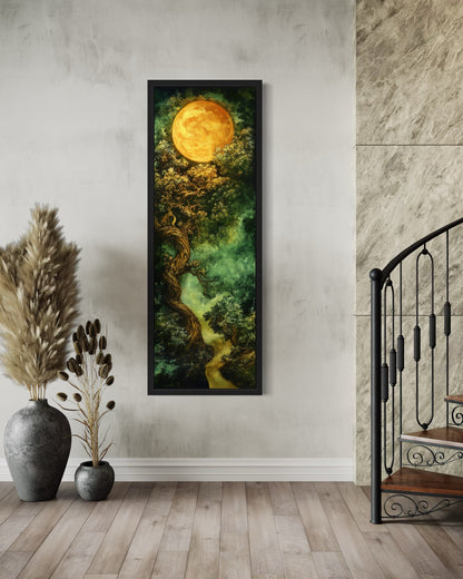 Green Celtic Tree Of Life And Moon Tall Narrow Vertical Framed Canvas Wall Art
