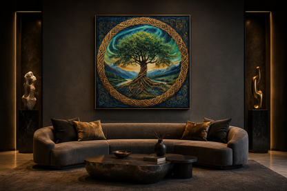 Green Celtic Tree Of Life Framed Canvas Wall Art