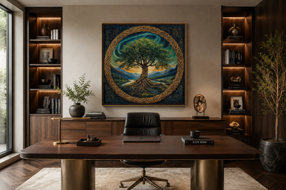 Green Celtic Tree Of Life Framed Canvas Wall Art