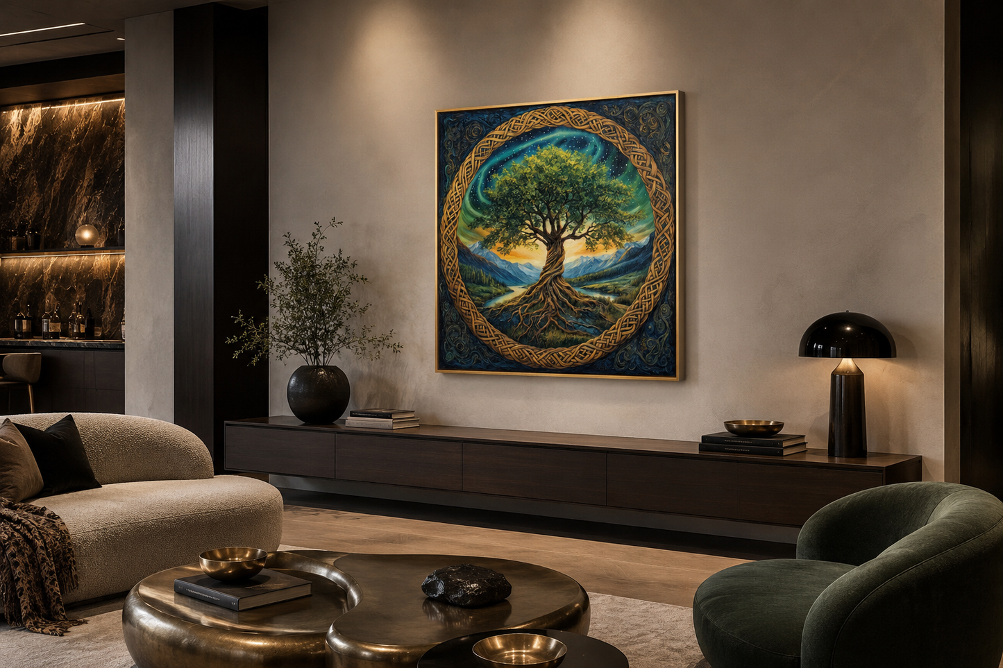 Green Celtic Tree Of Life Framed Canvas Wall Art