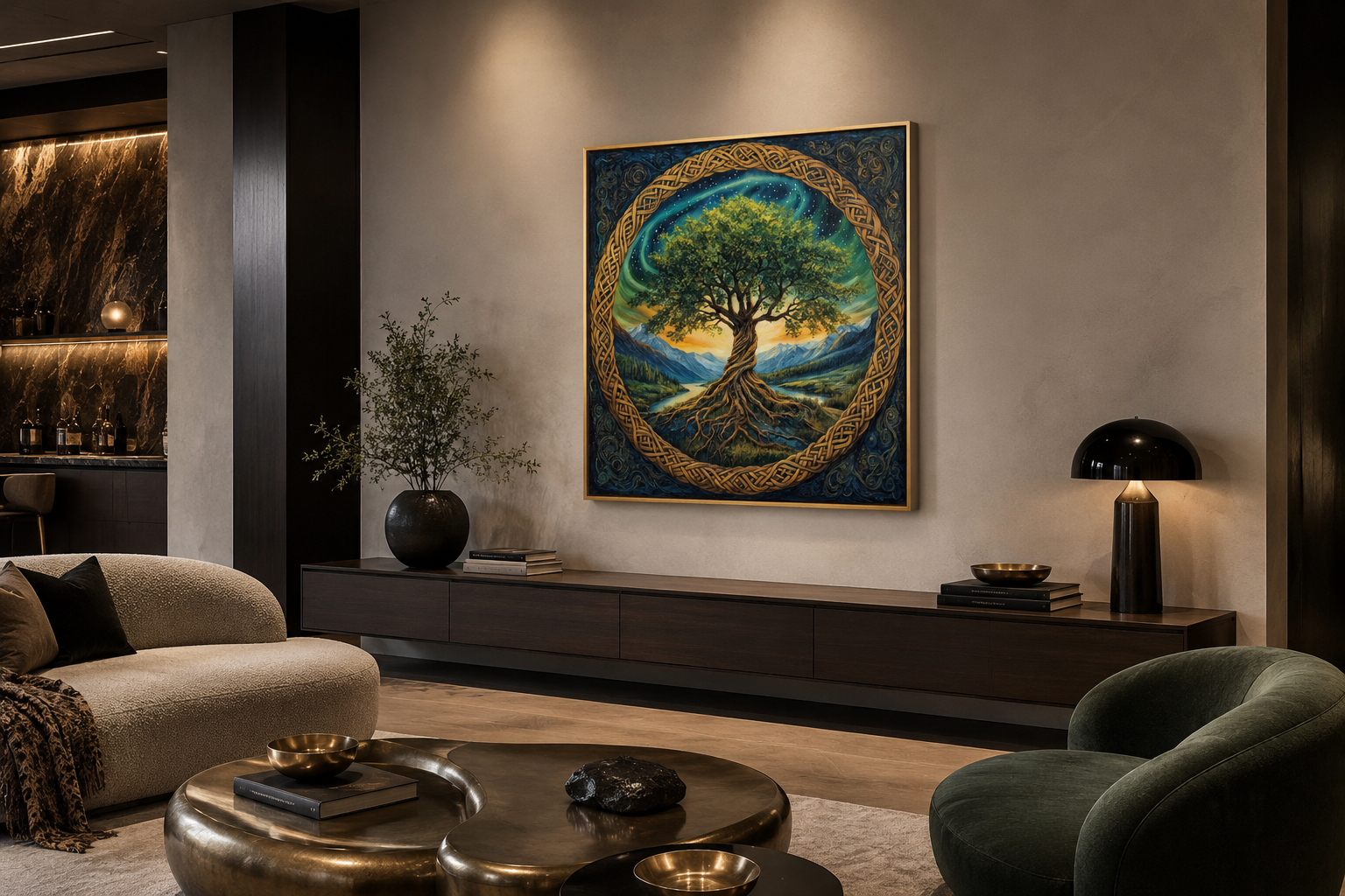 Green Celtic Tree Of Life Framed Canvas Wall Art