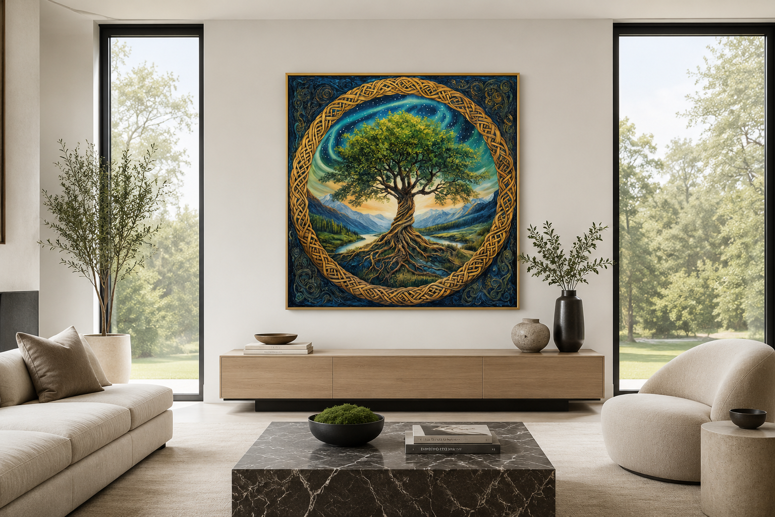 Green Celtic Tree Of Life Framed Canvas Wall Art
