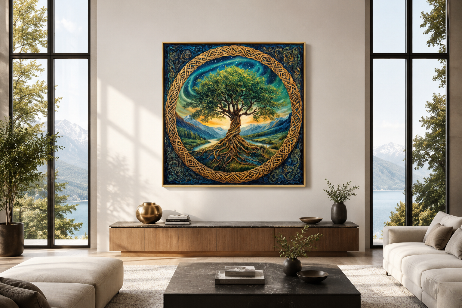 Green Celtic Tree Of Life Framed Canvas Wall Art