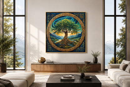 Green Celtic Tree Of Life Framed Canvas Wall Art