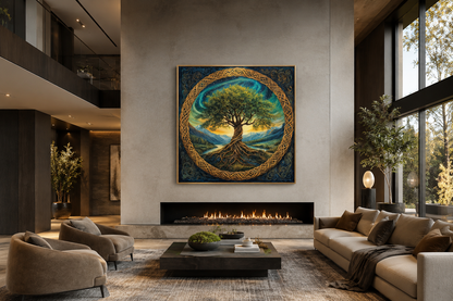 Green Celtic Tree Of Life Framed Canvas Wall Art