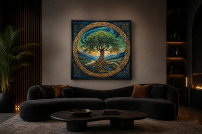 Green Celtic Tree Of Life Framed Canvas Wall Art