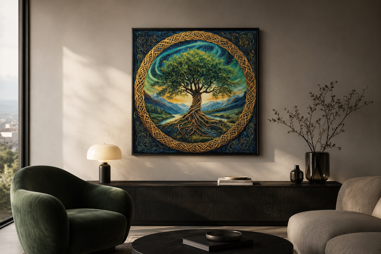 Green Celtic Tree Of Life Framed Canvas Wall Art
