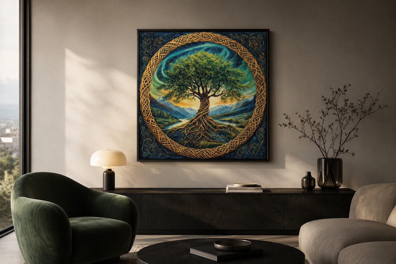 Green Celtic Tree Of Life Framed Canvas Wall Art