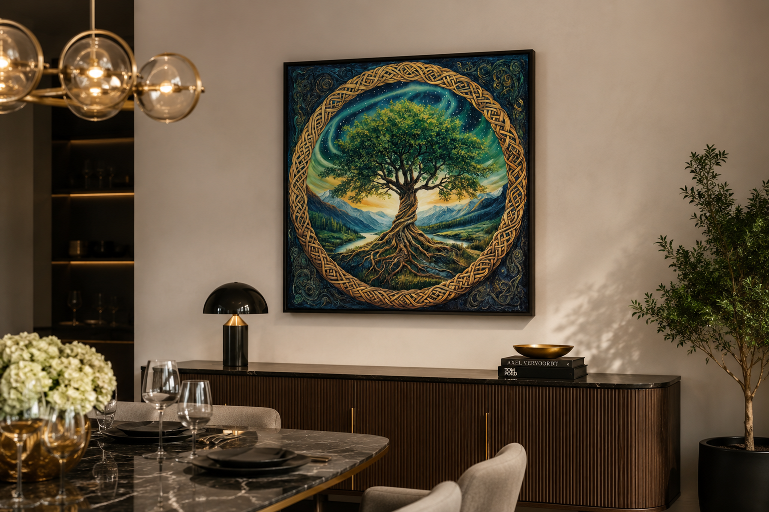 Green Celtic Tree Of Life Framed Canvas Wall Art
