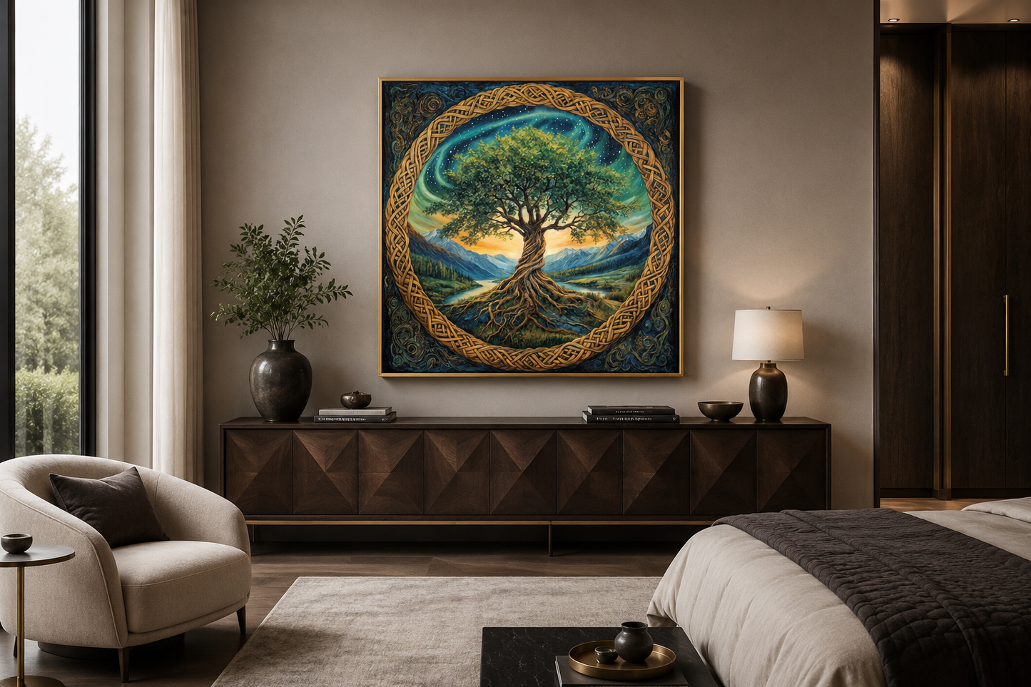 Green Celtic Tree Of Life Framed Canvas Wall Art