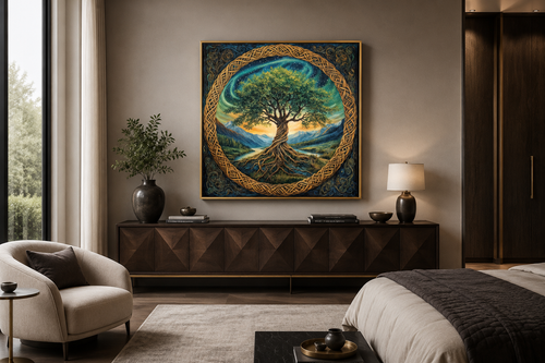 Green Celtic Tree Of Life Framed Canvas Wall Art