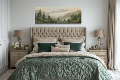 Green Foggy Forest Nature Landscape Horizontal Framed Canvas Wall Art