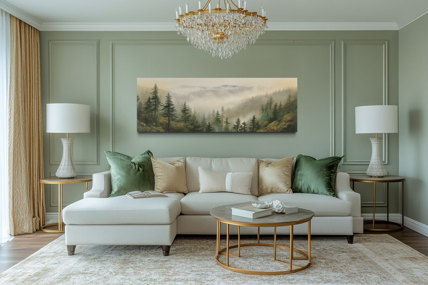Green Foggy Forest Nature Landscape Horizontal Framed Canvas Wall Art