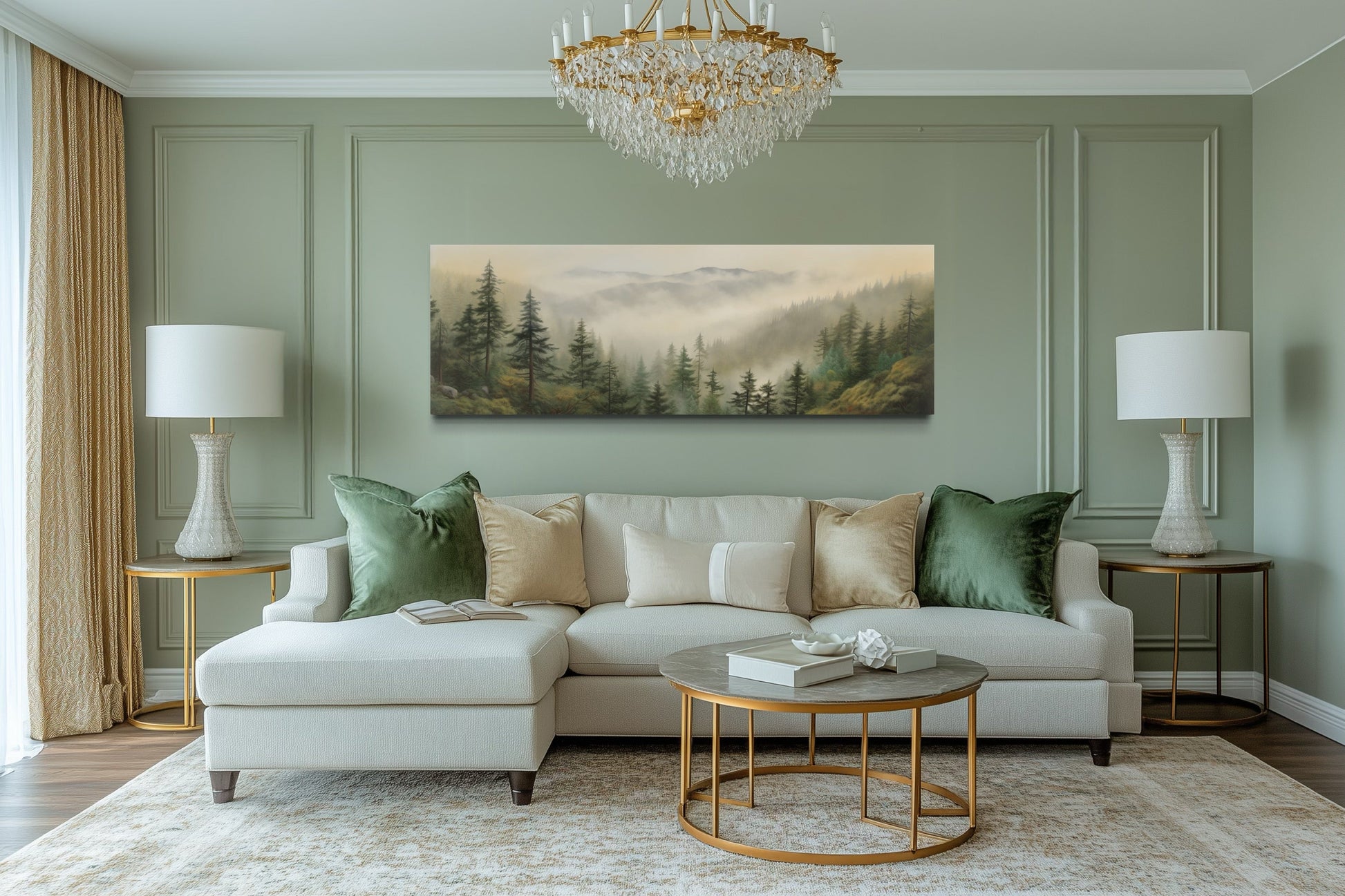 Green Foggy Forest Nature Landscape Horizontal Framed Canvas Wall Art