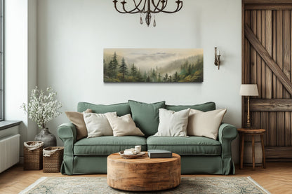 Green Foggy Forest Nature Landscape Horizontal Framed Canvas Wall Art