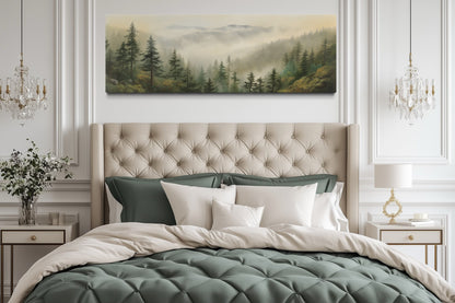 Green Foggy Forest Nature Landscape Horizontal Framed Canvas Wall Art