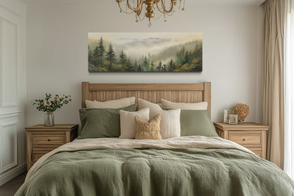 Green Foggy Forest Nature Landscape Horizontal Framed Canvas Wall Art