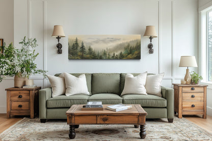 Green Foggy Forest Nature Landscape Horizontal Framed Canvas Wall Art