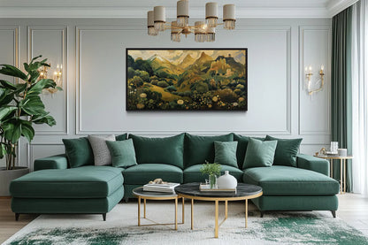 Green Gold Art Nouveau Floral Landscape Framed Canvas Wall Art
