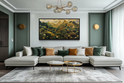 Green Gold Art Nouveau Floral Landscape Framed Canvas Wall Art