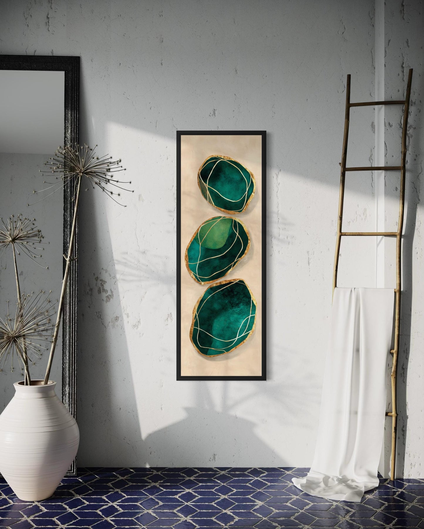 Green Gold Wall Art – Vertical Abstract Stones Painting | Modern Canvas Print for Living Room
