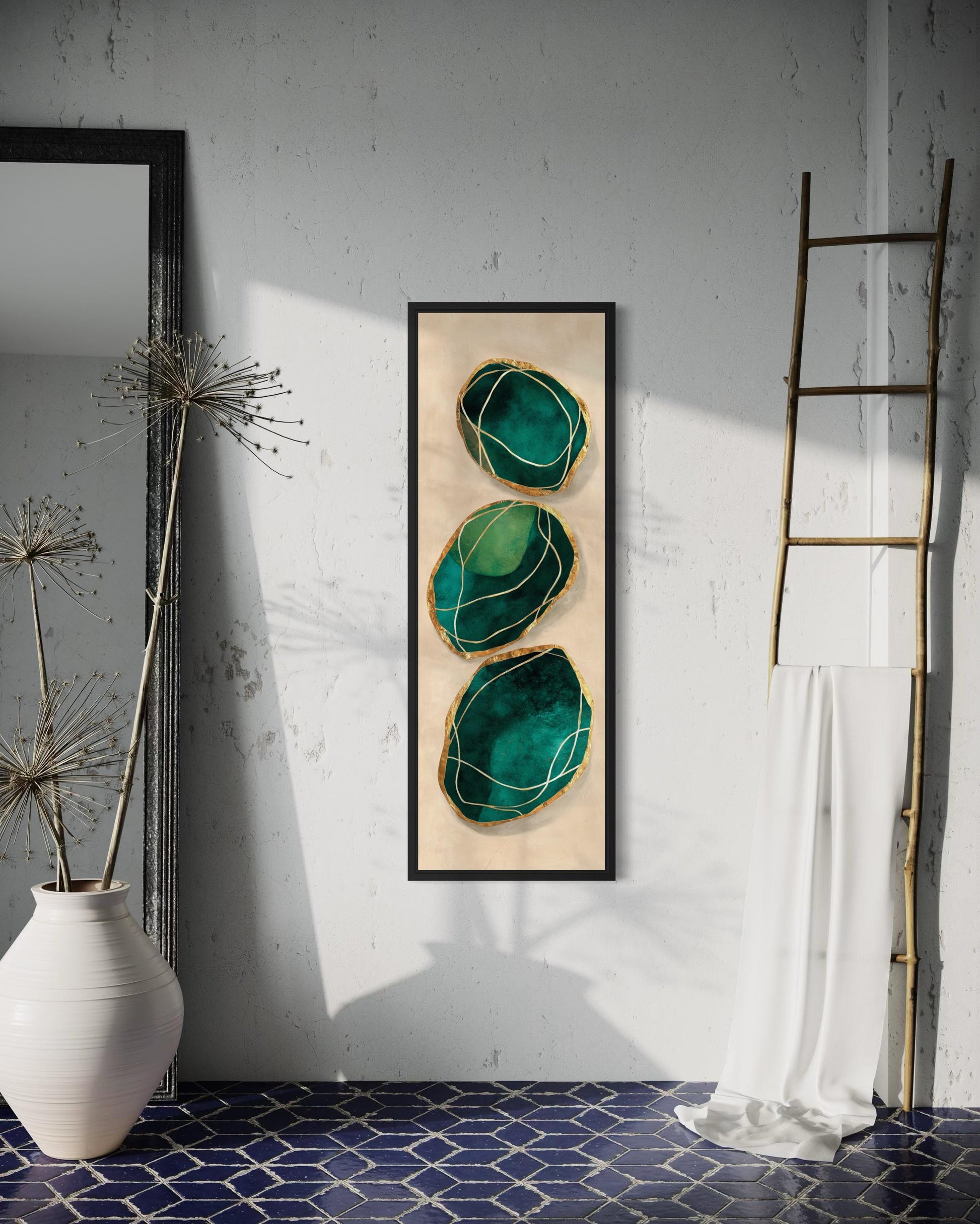 Green Gold Wall Art – Vertical Abstract Stones Painting | Modern Canvas Print for Living Room