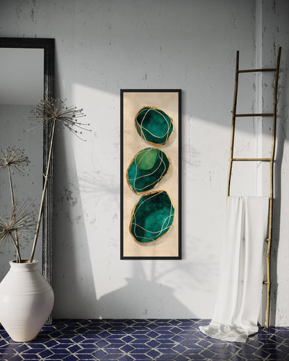 Green Gold Wall Art – Vertical Abstract Stones Painting | Modern Canvas Print for Living Room