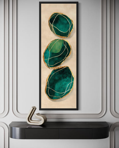 Green Gold Wall Art – Vertical Abstract Stones Painting | Modern Canvas Print for Living Room