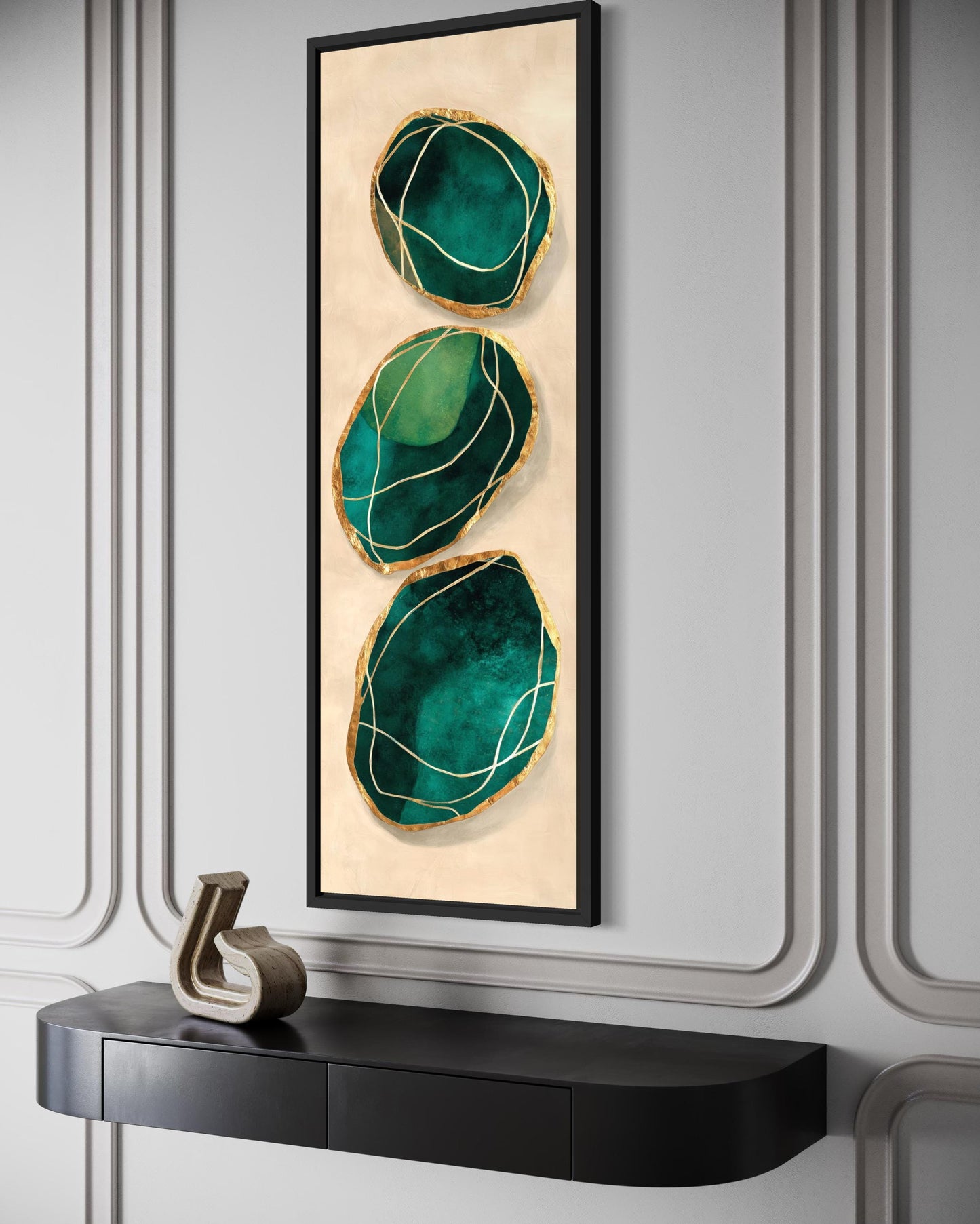 Green Gold Wall Art – Vertical Abstract Stones Painting | Modern Canvas Print for Living Room
