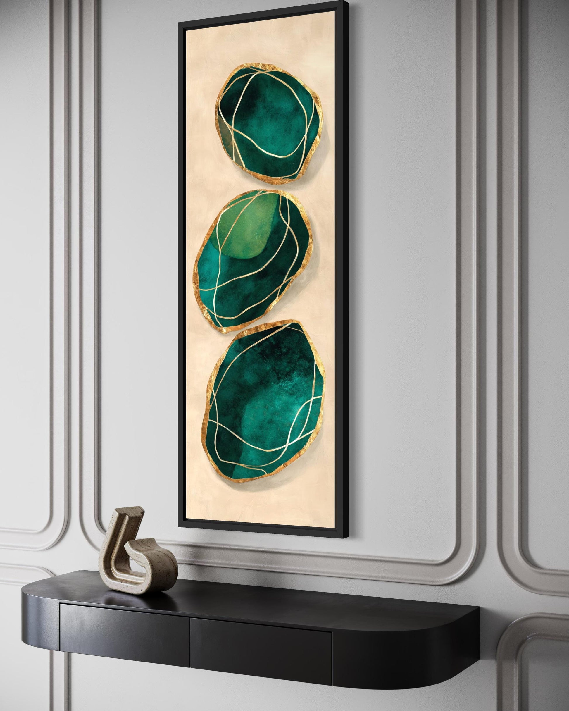 Green Gold Wall Art – Vertical Abstract Stones Painting | Modern Canvas Print for Living Room