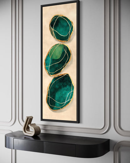 Green Gold Wall Art – Vertical Abstract Stones Painting | Modern Canvas Print for Living Room