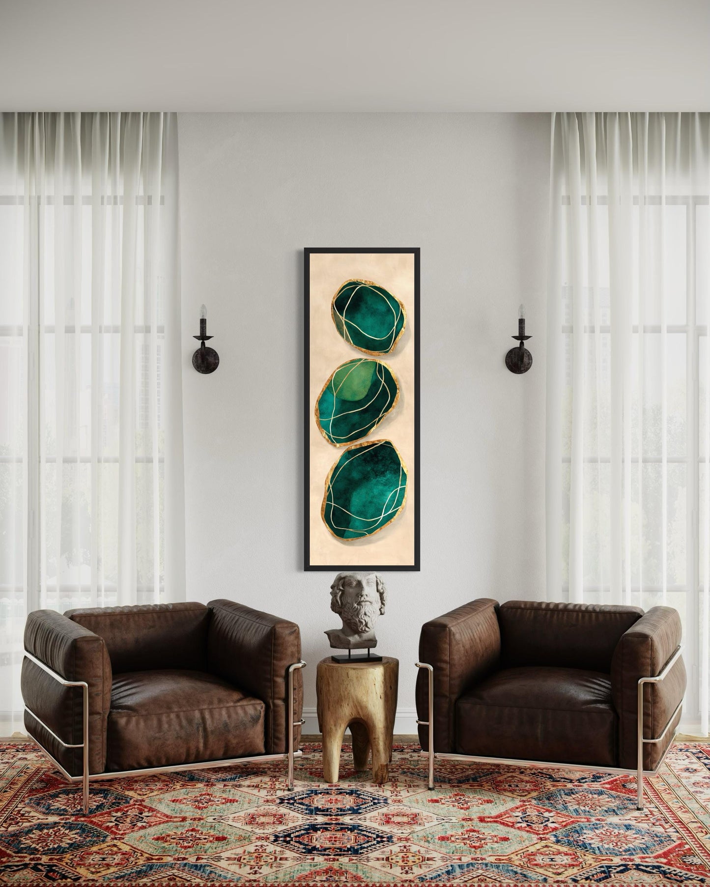 Green Gold Wall Art – Vertical Abstract Stones Painting | Modern Canvas Print for Living Room