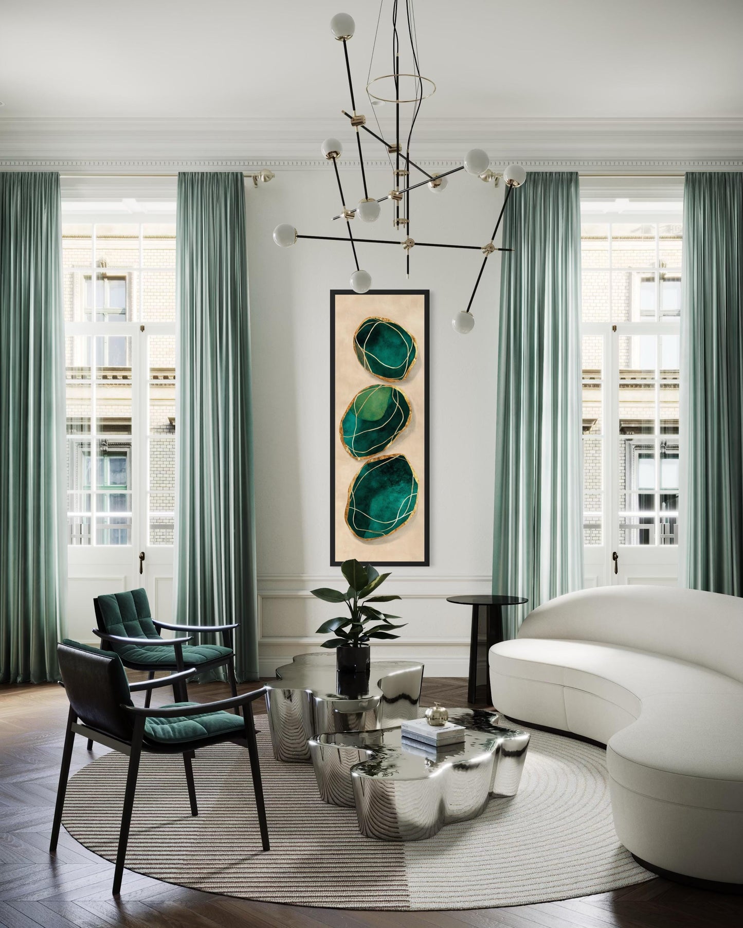 Green Gold Wall Art – Vertical Abstract Stones Painting | Modern Canvas Print for Living Room