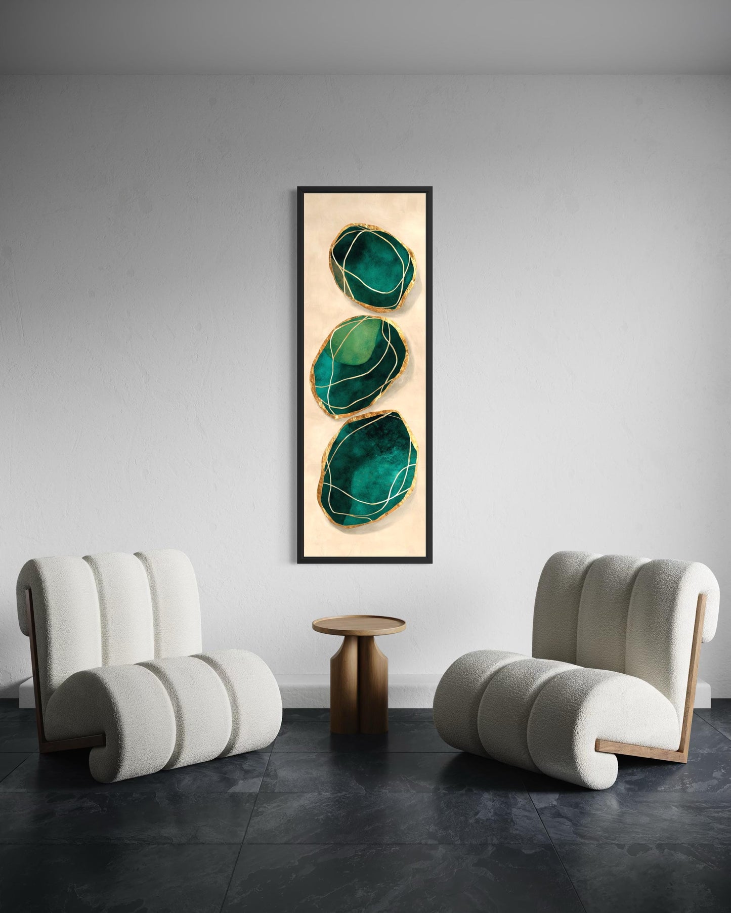 Green Gold Wall Art – Vertical Abstract Stones Painting | Modern Canvas Print for Living Room