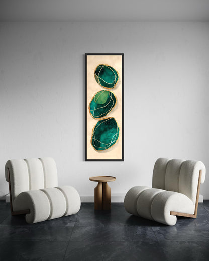 Green Gold Wall Art – Vertical Abstract Stones Painting | Modern Canvas Print for Living Room