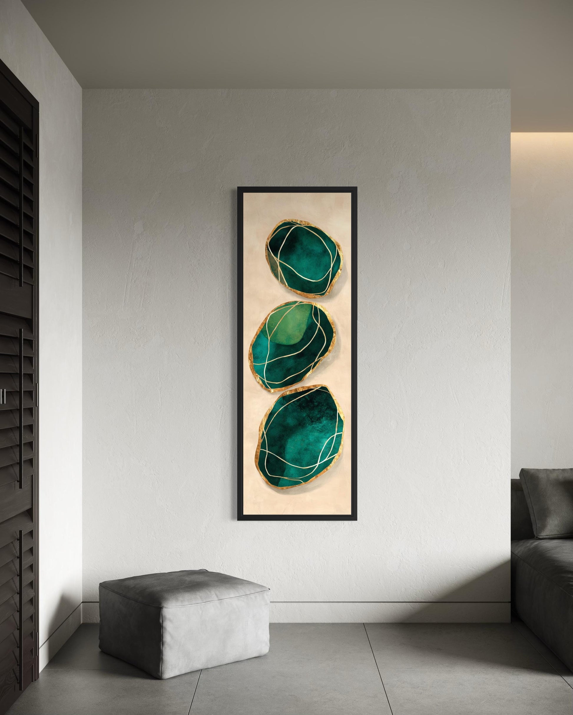Green Gold Wall Art – Vertical Abstract Stones Painting | Modern Canvas Print for Living Room