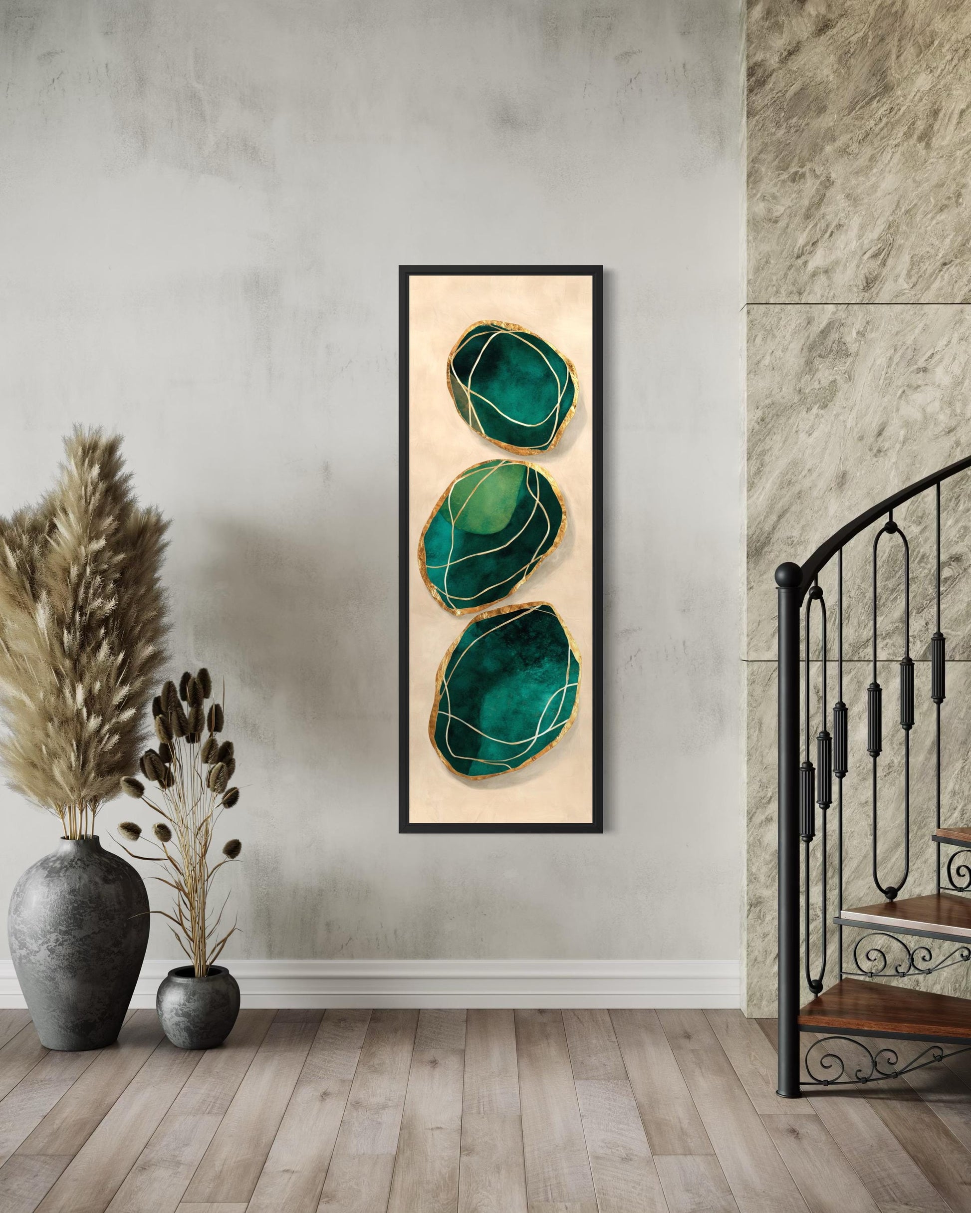 Green Gold Wall Art – Vertical Abstract Stones Painting | Modern Canvas Print for Living Room
