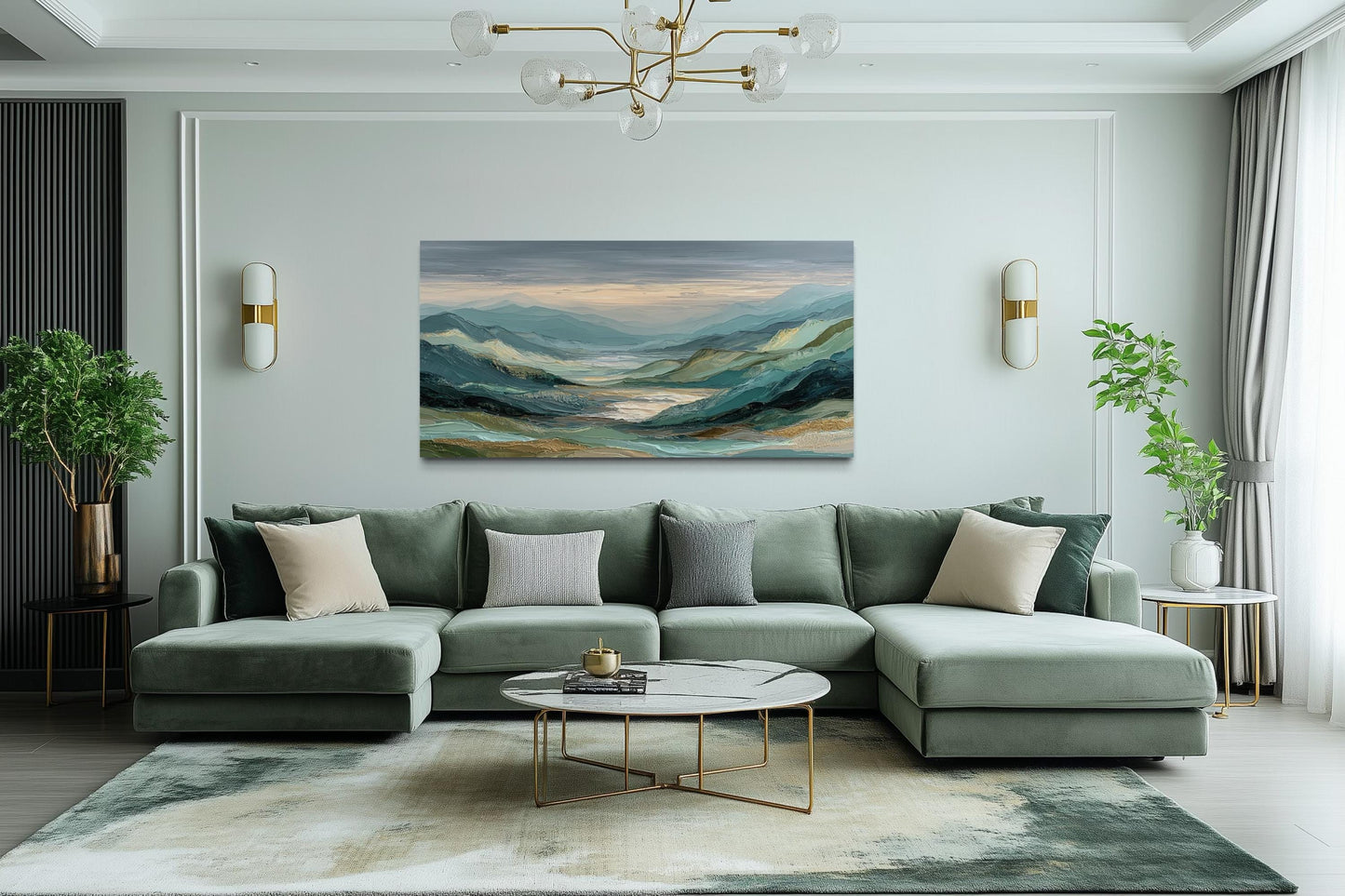Green, Grey, and Gold Mountain Landscape Wall Art