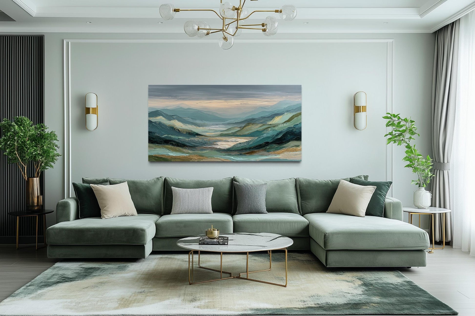Green, Grey, and Gold Mountain Landscape Wall Art