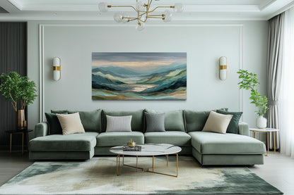Green, Grey, and Gold Mountain Landscape Wall Art