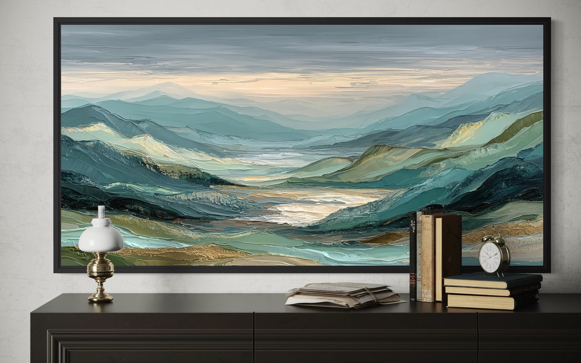 Green, Grey, and Gold Mountain Landscape Wall Art