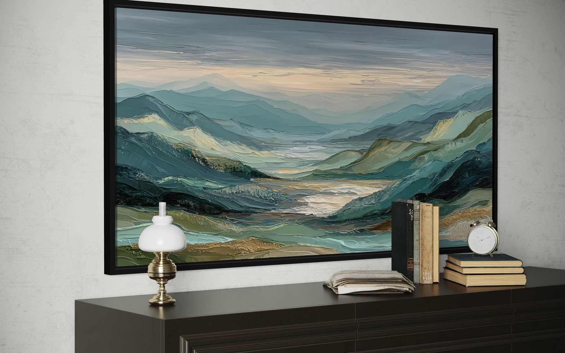 Green, Grey, and Gold Mountain Landscape Wall Art