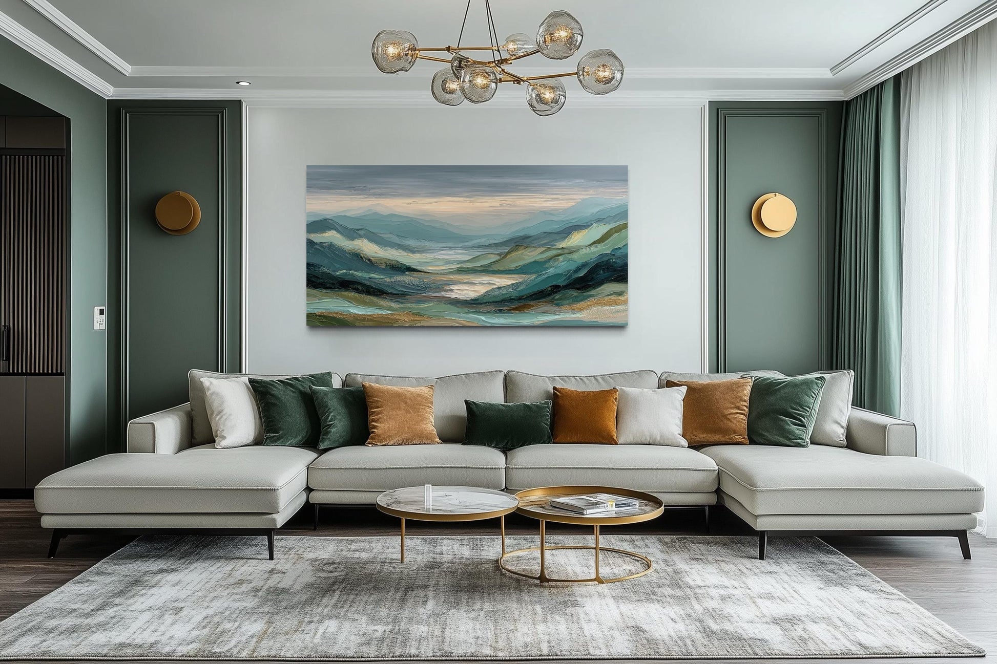 Green, Grey, and Gold Mountain Landscape Wall Art
