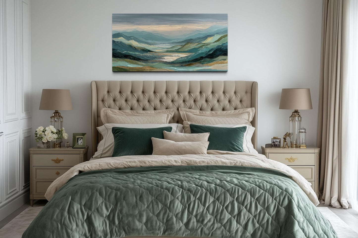 Green, Grey, and Gold Mountain Landscape Wall Art