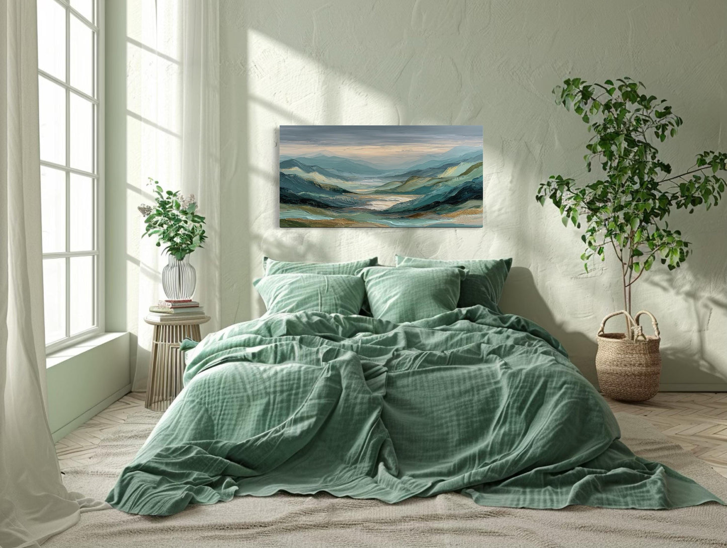 Green, Grey, and Gold Mountain Landscape Wall Art